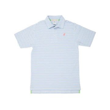 Prim and Proper Polo-SS- Beale Street Blue Stripe/Parrot Cay Stork- Pima