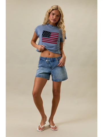 Drop Shoulder USA Flag Sweater in Light Blue
