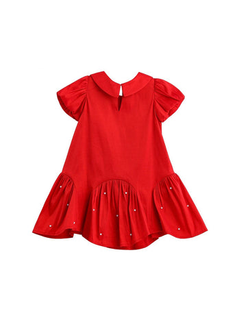 Crimson Glow Short Sleeve Peter Pan Collar Pearl Embellished Dropwaist Dress