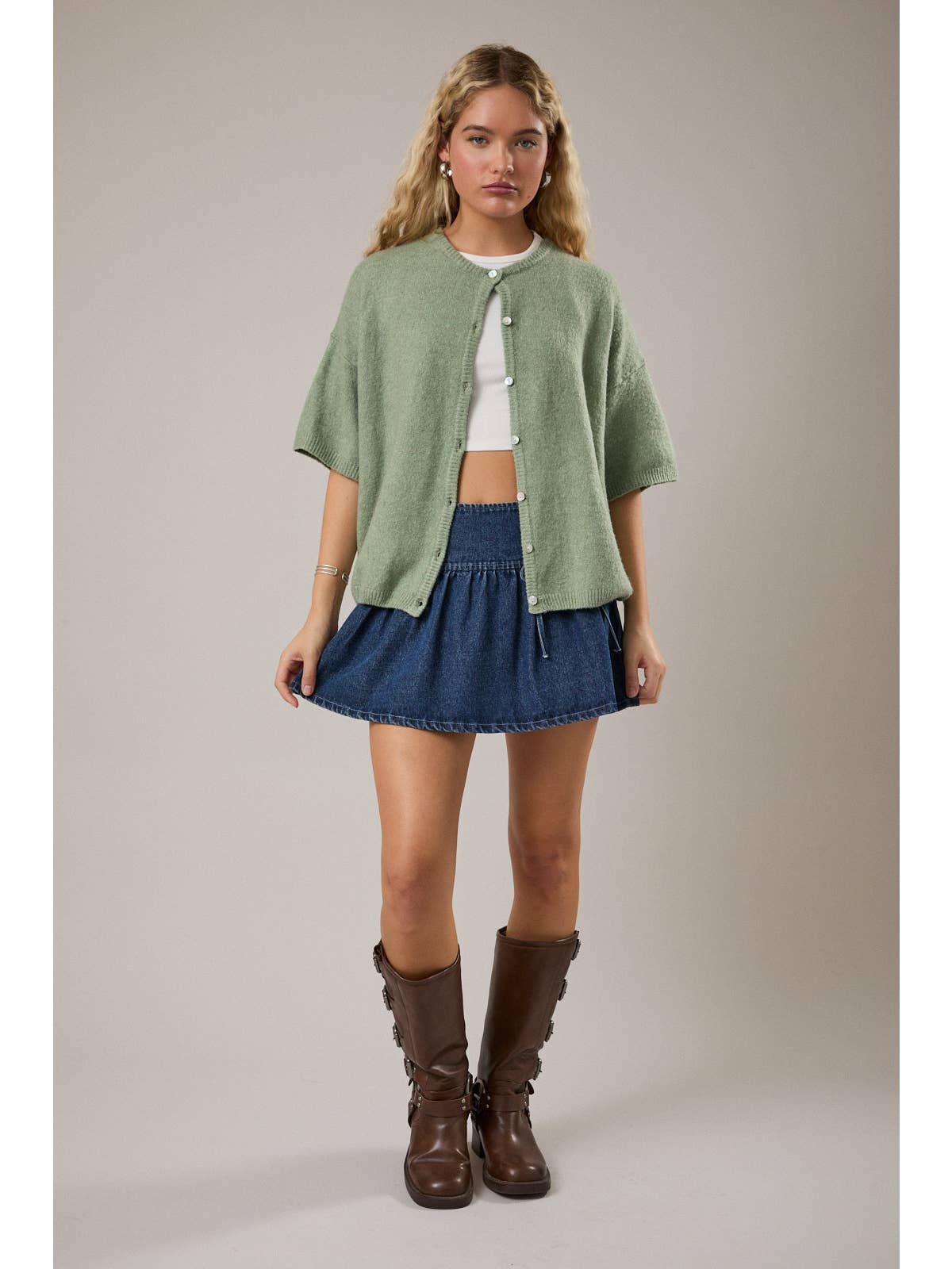 Short Sleeve Crew Neck Sweater Cardigan