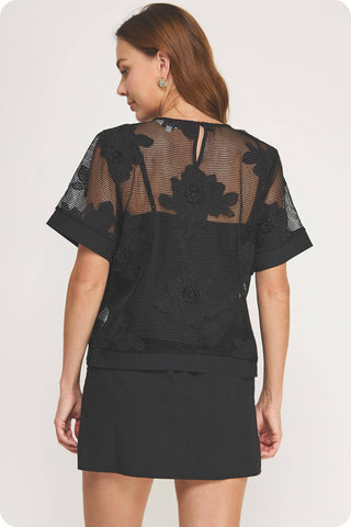 Embroidery Floral Mesh Top Skirt Set