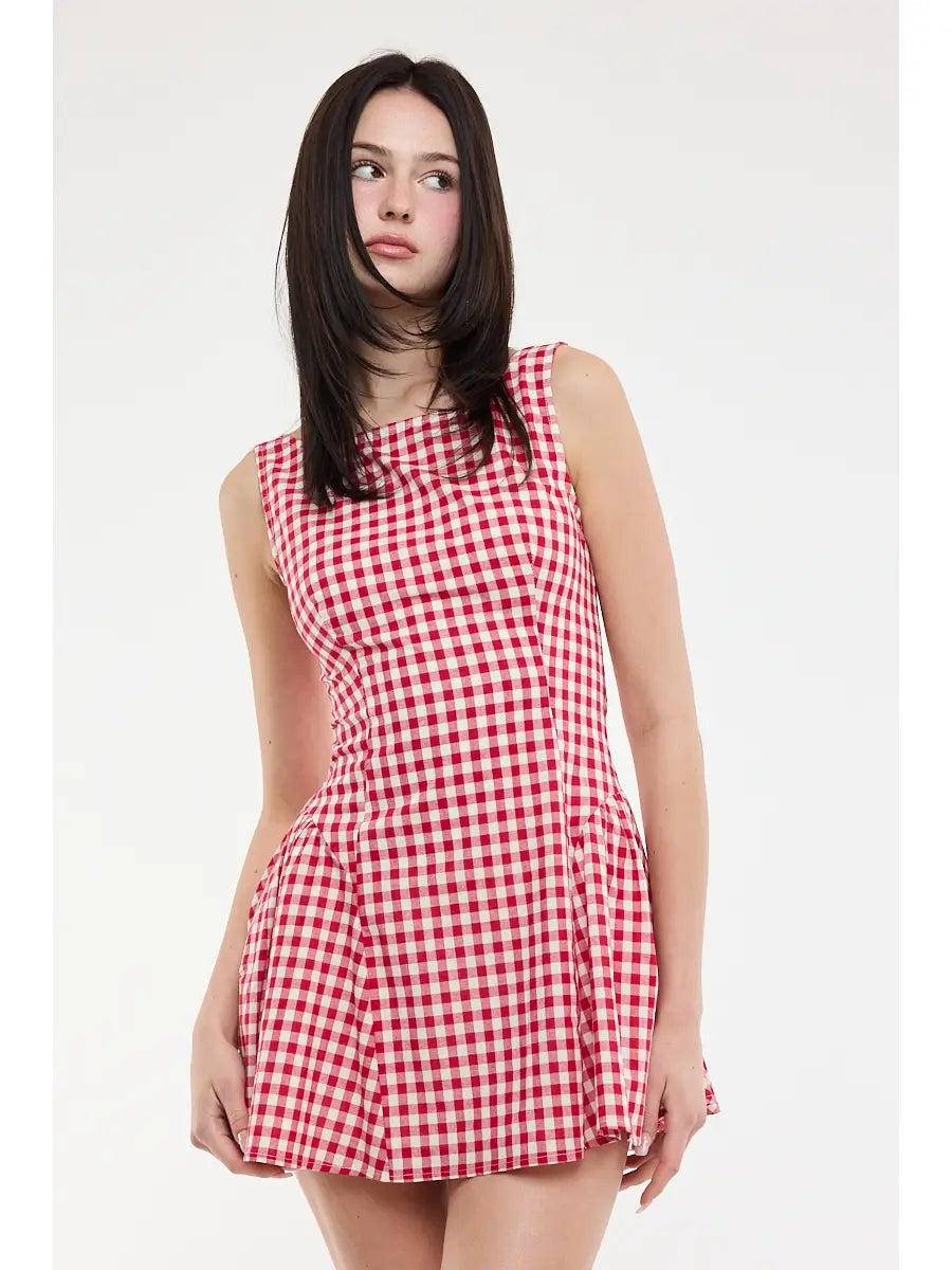 Checker Boat Beck Sleeveless Mini Dress in Red