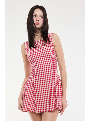 Checker Boat Beck Sleeveless Mini Dress in Red