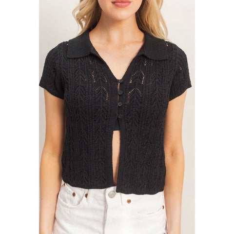 Pointelle Knit Collared Cardigan