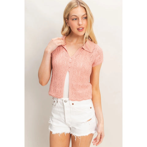 Pointelle Knit Collared Cardigan