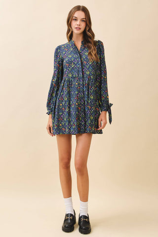 Floral Print Ruffled Mock Neck Dress