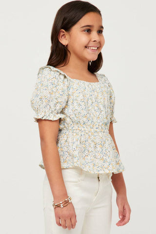 Hayden | Girls Embroidered Eyelet Ruffled Floral Peplum Top