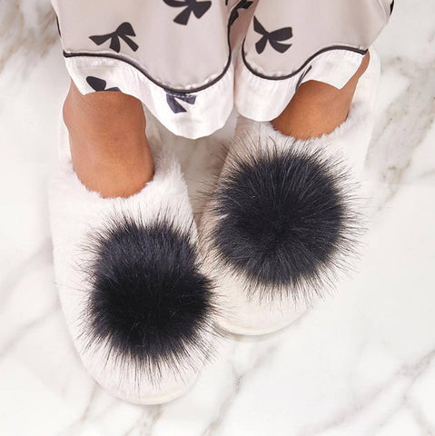 Bella | Plush Slippers - Ivory with Black Pom Pom