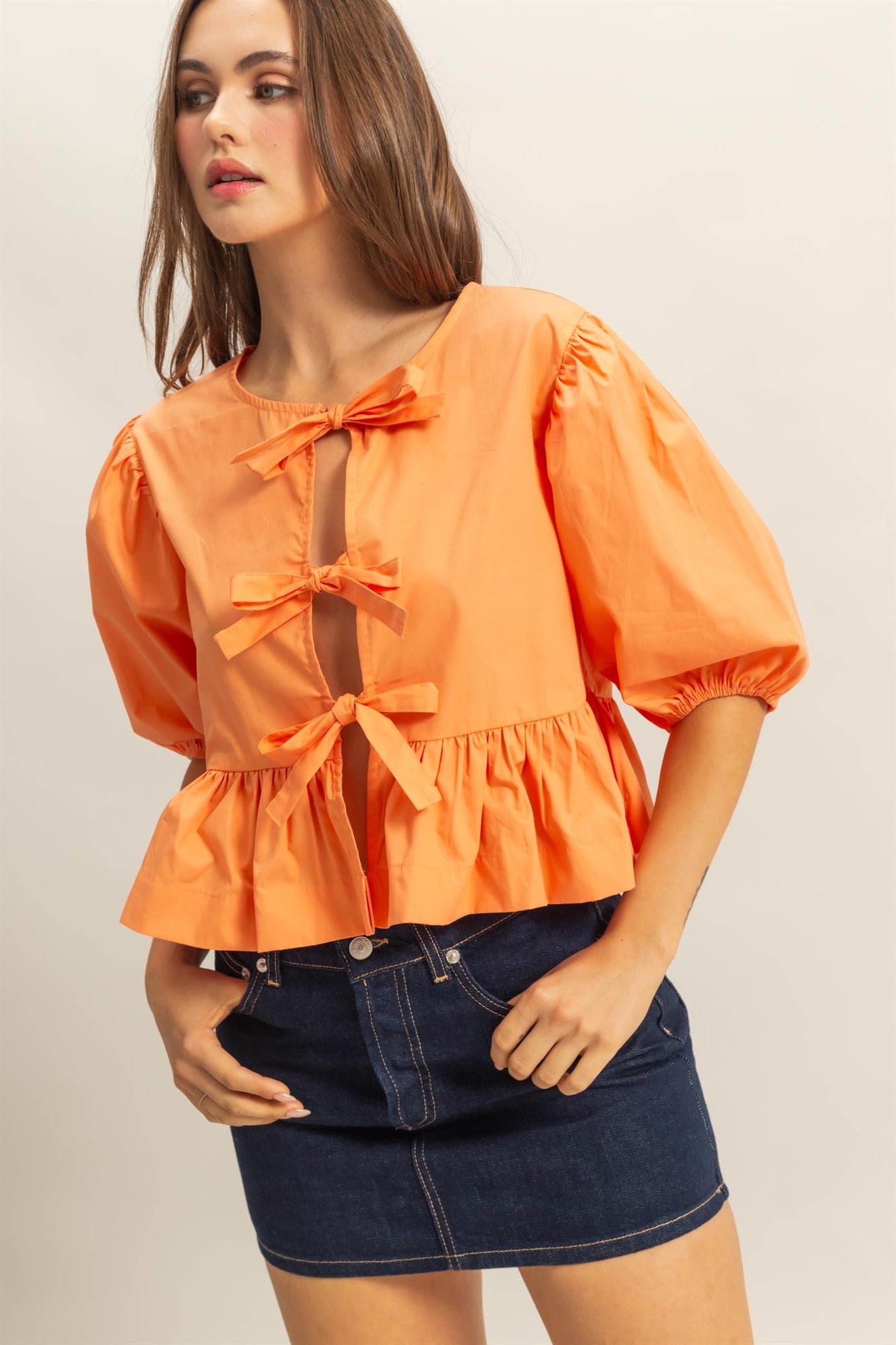 Ribbon Tie Open Front Peplum Top