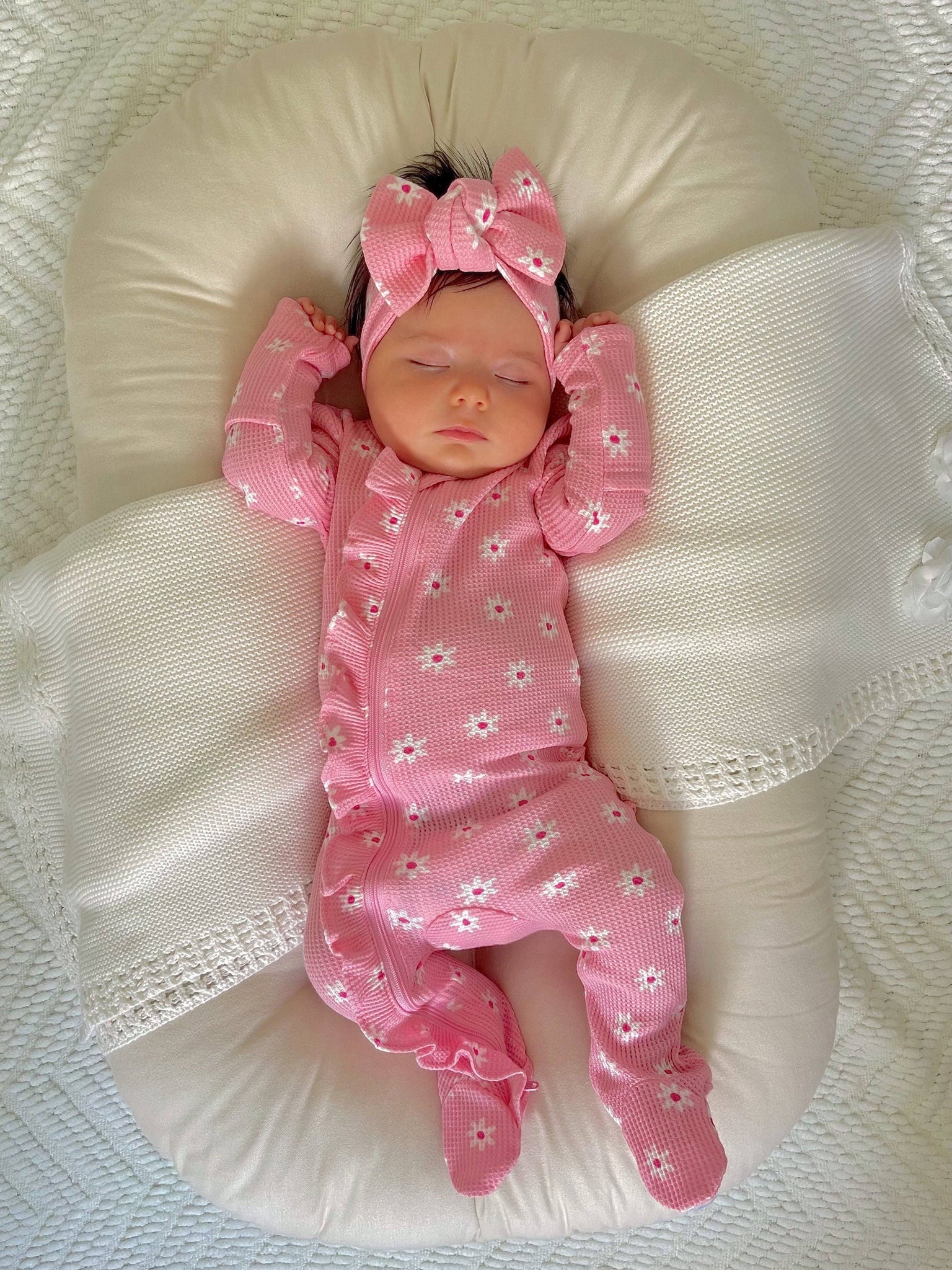 Organic Waffle 2-Way Zip Ruffle Footie, Pink Flower