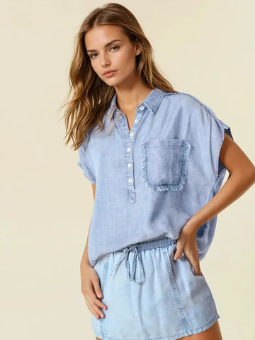Denim Fray Henley Tee