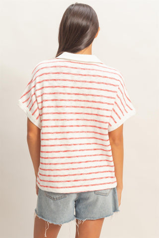 Striped Collared V-Neck Top