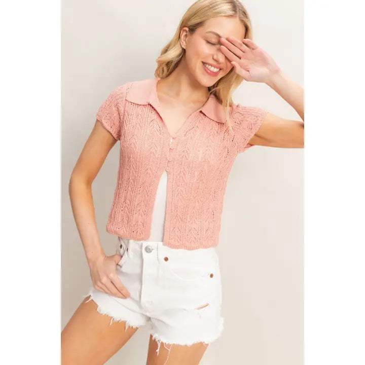 Pointelle Knit Collared Cardigan