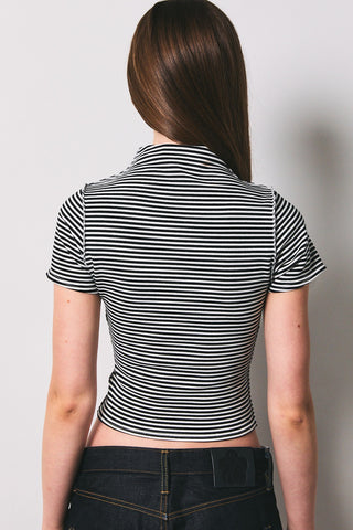 Mock Neck Stripe Short Sleeve Top in Black/White