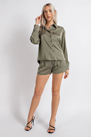 *Satin Button Down Shirt w/ Front Pockets