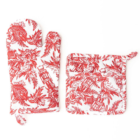 Nutcracker Toile Oven Mitt & Potholder Set