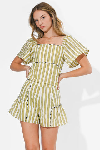 AR | Paola Two-Tone Pipped Flutter Sleeve Top in Sage/Off White