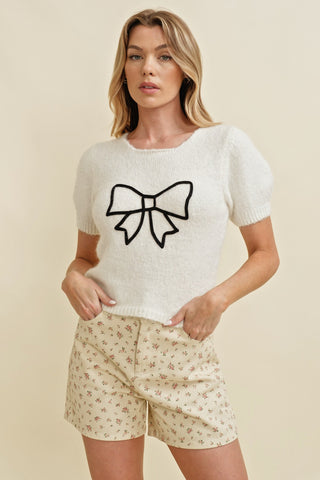 Embroidered Bow Fuzzy Sweater