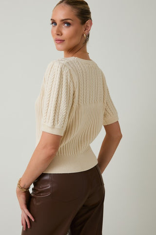 Round Neck Puff Short Cable Sweater