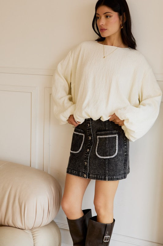 Crew Neck Long Sleeve Bubble Hem Blouse