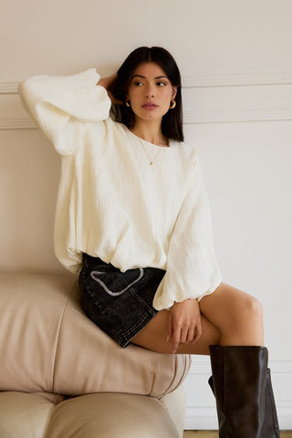 Crew Neck Long Sleeve Bubble Hem Blouse