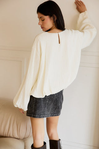 Crew Neck Long Sleeve Bubble Hem Blouse
