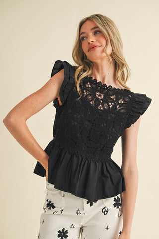 Crochet Lace Trim Flutter Sleeve Top