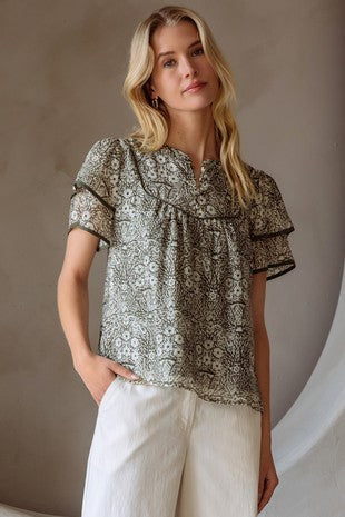 Ruffle Sleeve Printed Top