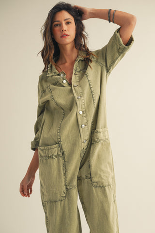 Washed Vintage Relaxed Button Jumpsuit