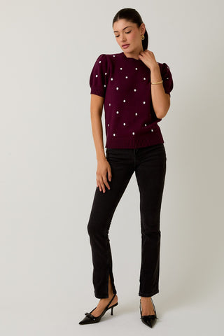 Round Neck Puff Sleeve Polka Dot Sweater