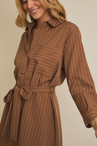 Collar Button Up Waist Tie Striped Dress