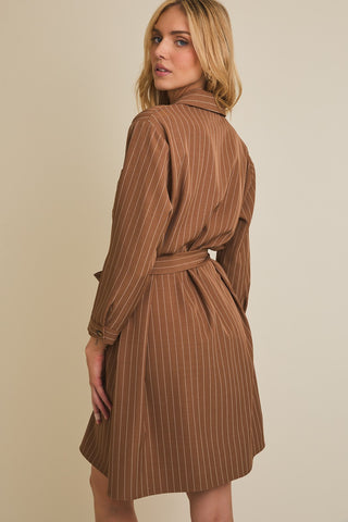 Collar Button Up Waist Tie Striped Dress