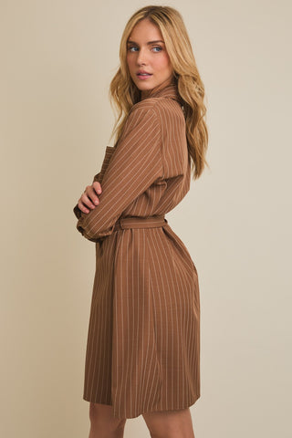 Collar Button Up Waist Tie Striped Dress