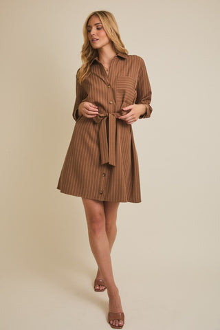 Collar Button Up Waist Tie Striped Dress