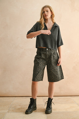 V-Neck Collard Crop Knit Polo Shirt