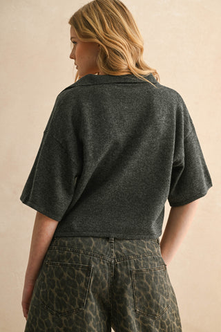 V-Neck Collard Crop Knit Polo Shirt