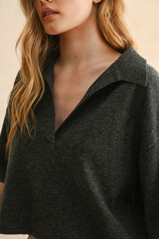 V-Neck Collard Crop Knit Polo Shirt