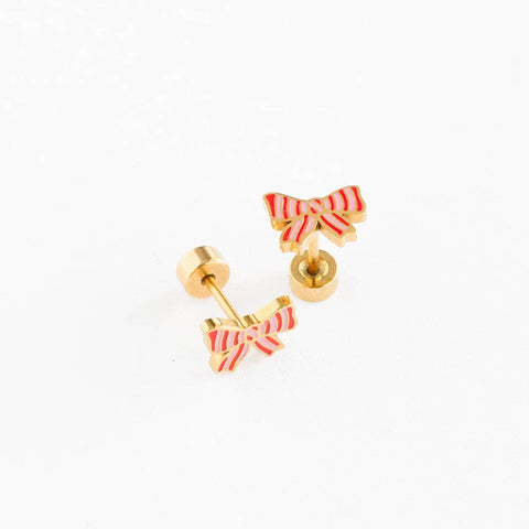 Striped Bow Stud Earrings - Hypoallergenic, Flat Back, Girl