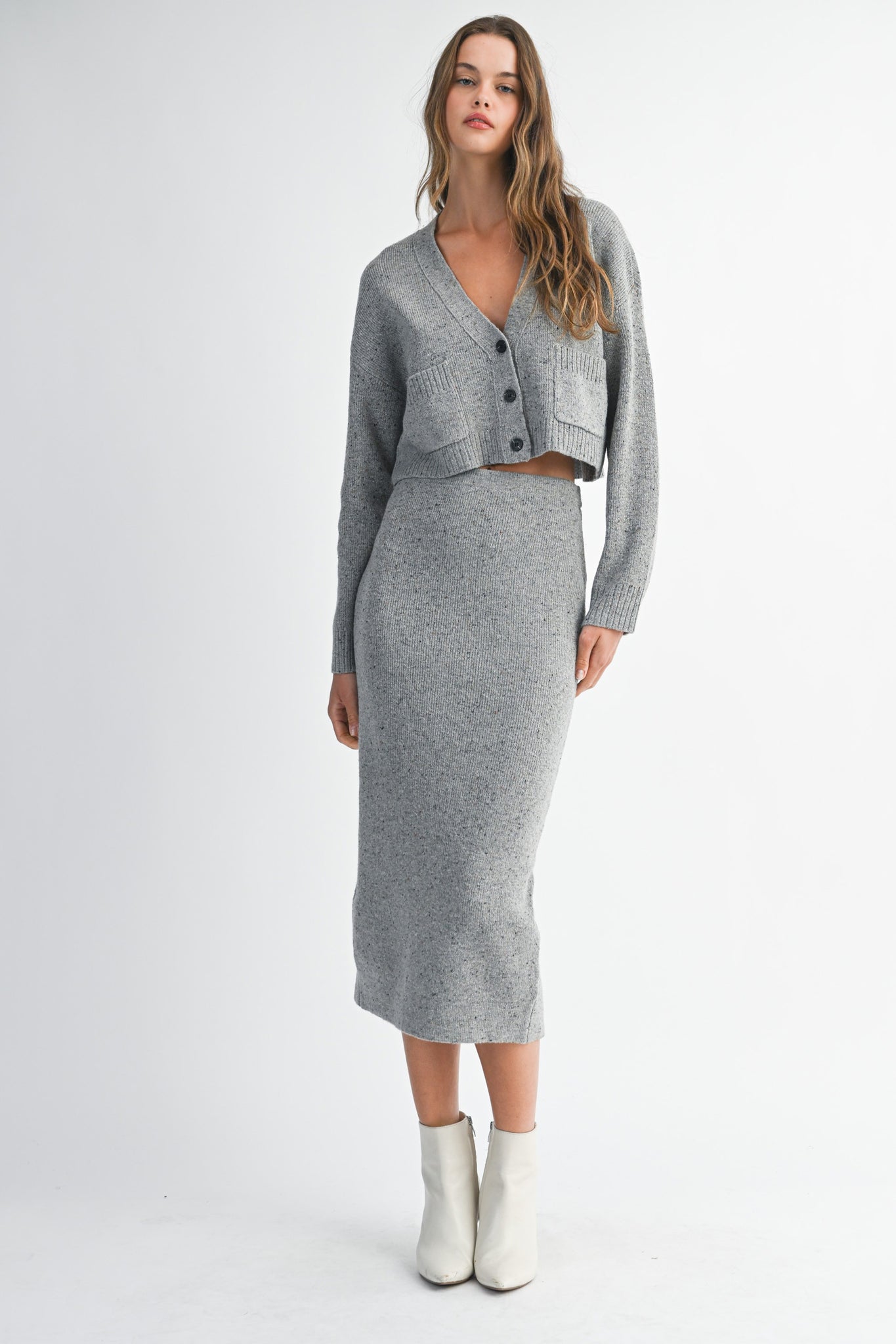 Relaxed Fit Knit Cardigan & Midi Skirt Set
