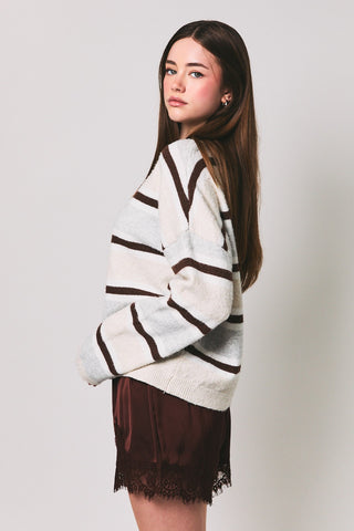 Long Sleeve Round Neck Striped Soft Cardigan