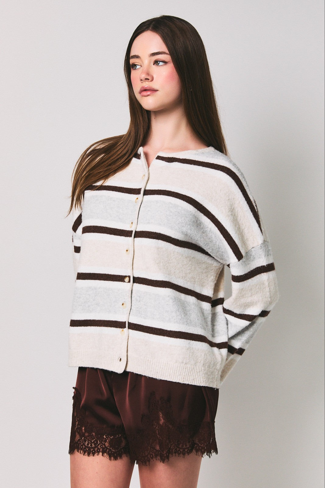 Long Sleeve Round Neck Striped Soft Cardigan
