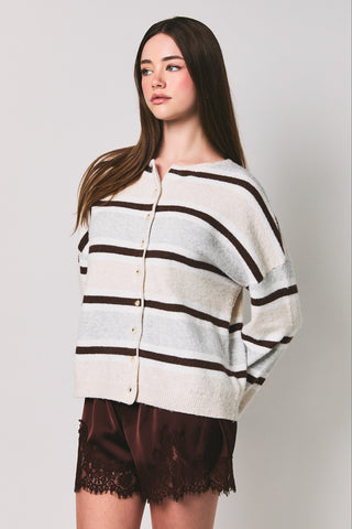 Long Sleeve Round Neck Striped Soft Cardigan