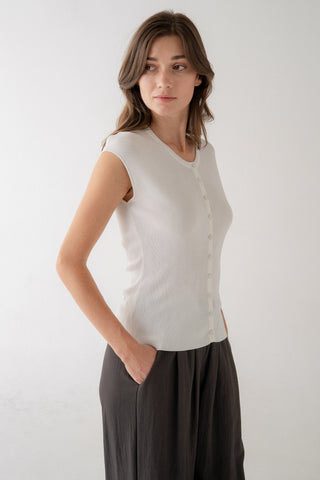 Elle Grey | Ribbed Cap Sleeve Button Up Knit Top