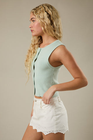 Sleeveless Round Neck Button Down Ribbed Sweater Top