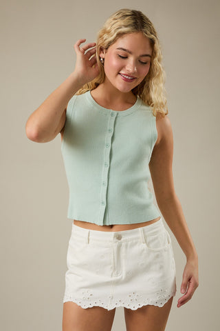 Sleeveless Round Neck Button Down Ribbed Sweater Top