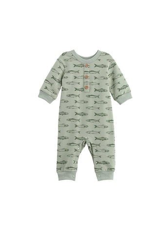 Matthew Long Sleeve Fish Print Ribbed Trim Button Placket Romper
