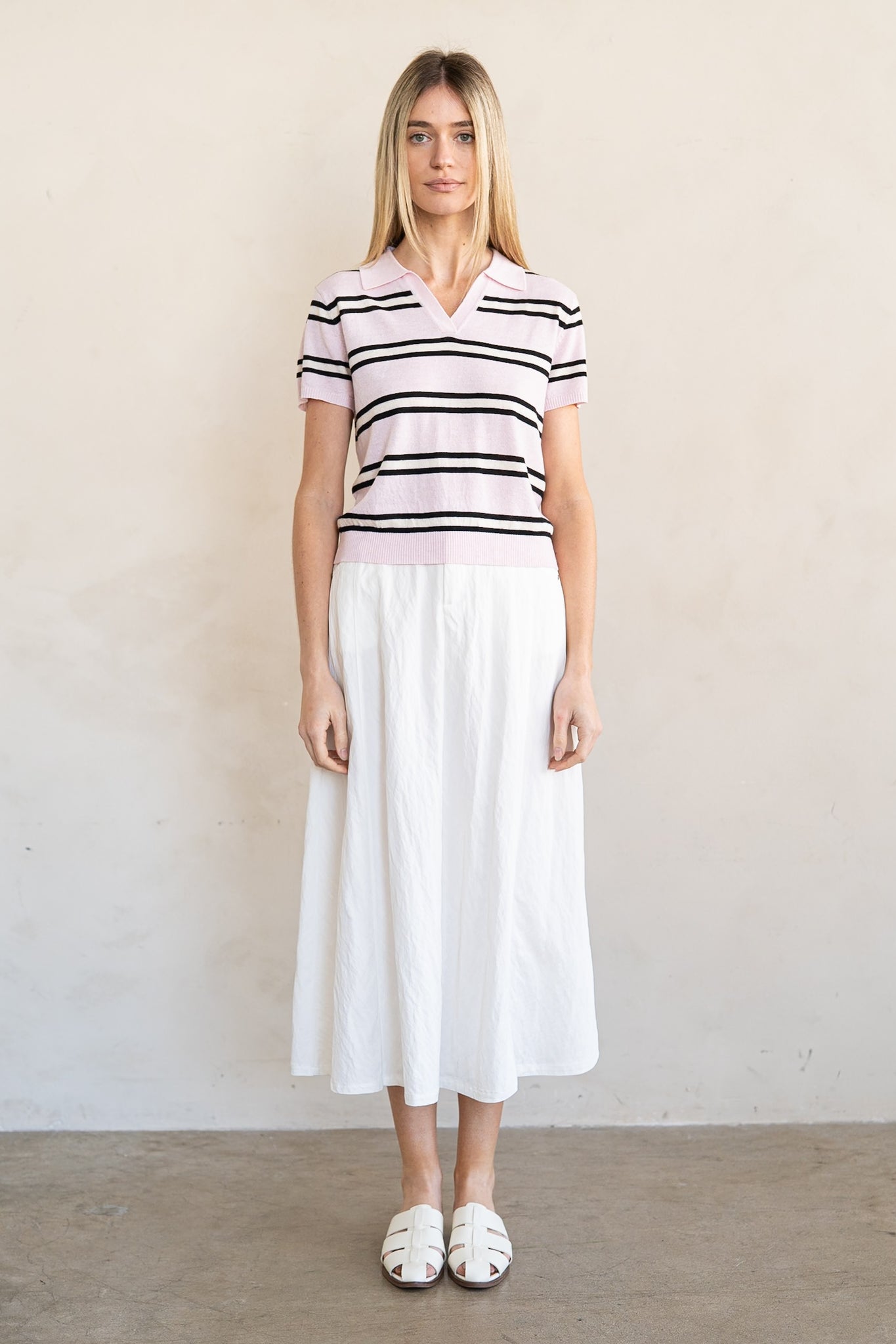 Elle Grey | Stripe Johnny Collar Knit Top