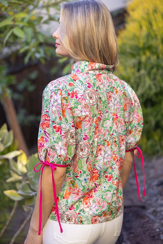 Voy | Contrast Quarter Placket Self Tie Floral Top