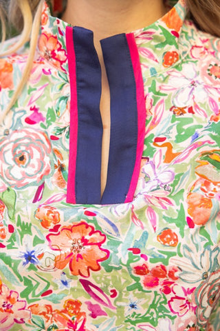 Voy | Contrast Quarter Placket Self Tie Floral Top