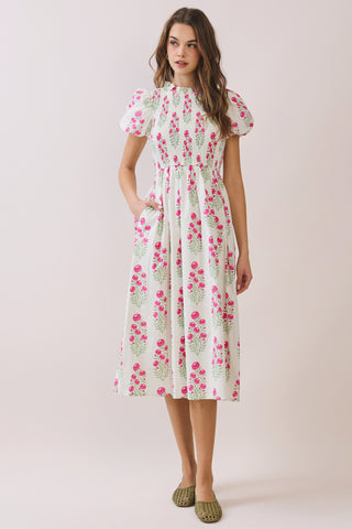 Floral Smocked High Neck Midi Dress